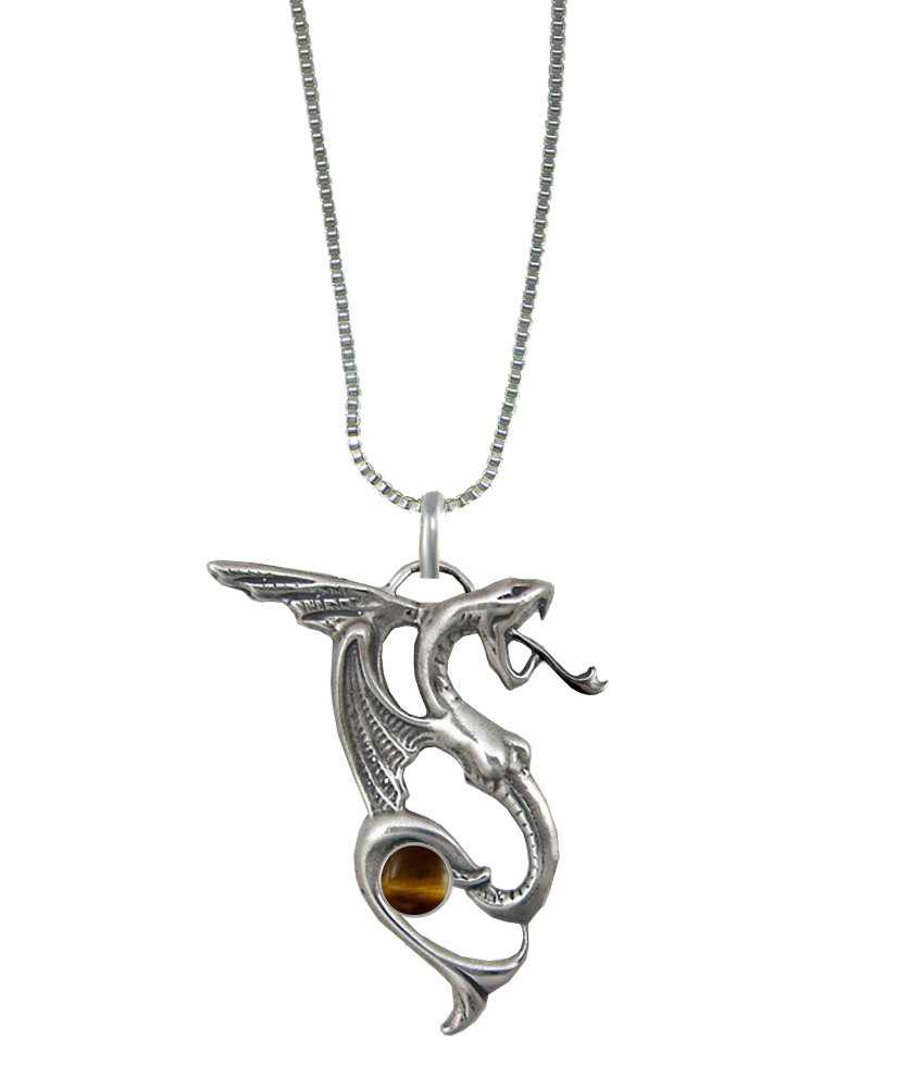 Sterling Silver Medieval Dragon Pendant With Tiger Eye